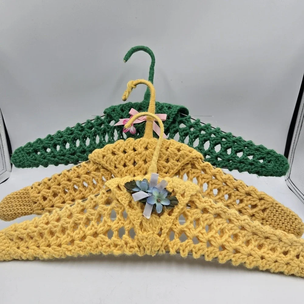Crochet Knitted Hangers Grannycore Chic Lot of 3 VTG Handmade CountryCore Cottag
